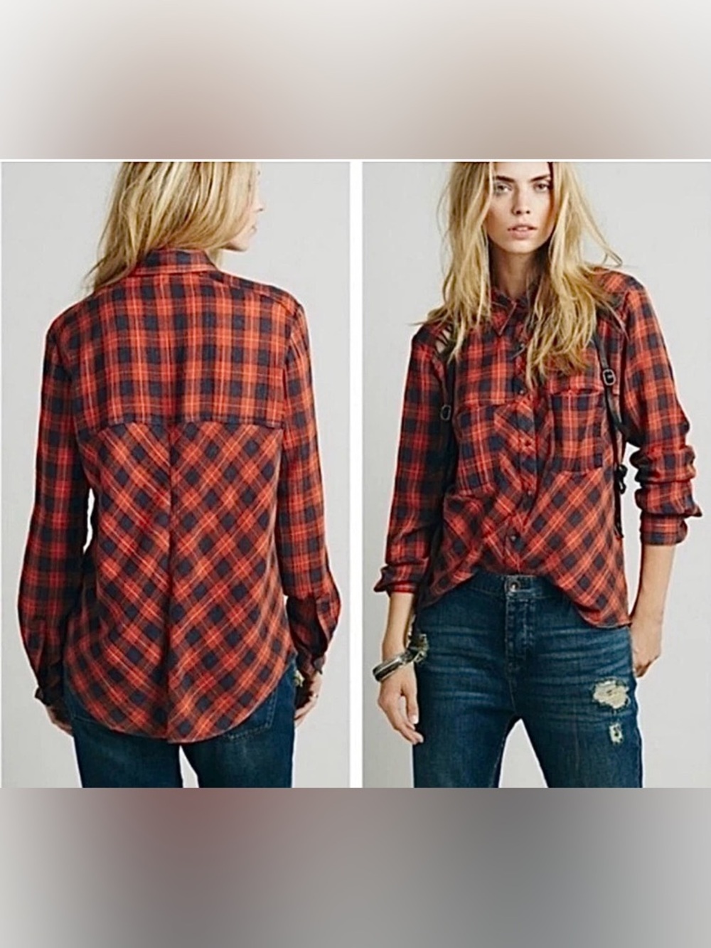 Free People Red Navy Plaid Button Down Shirt Boho Grunge Flannel Size Medium - Picture 2 of 11